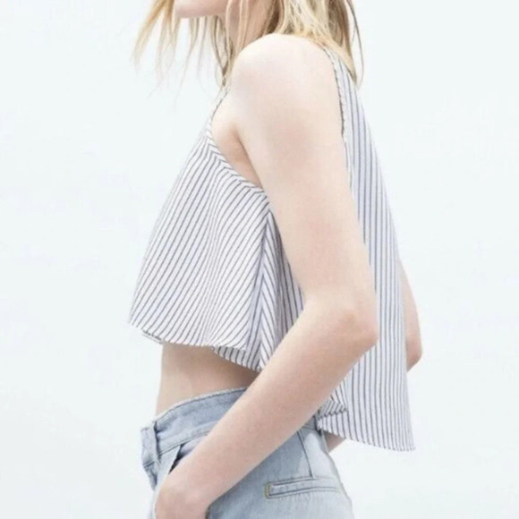 ZARA BASIC Blue Striped Flowy Crop Top Halter Neck Small - Picture 1 of 8